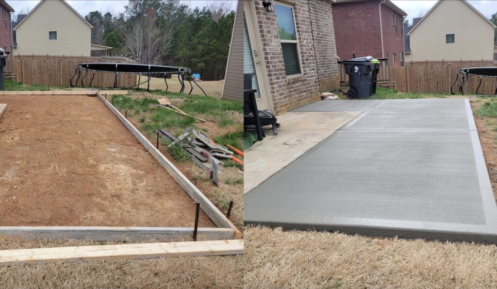 Before and after concrete patio shown, to model the beautiful work Rodriguez Innovation Concrete does.